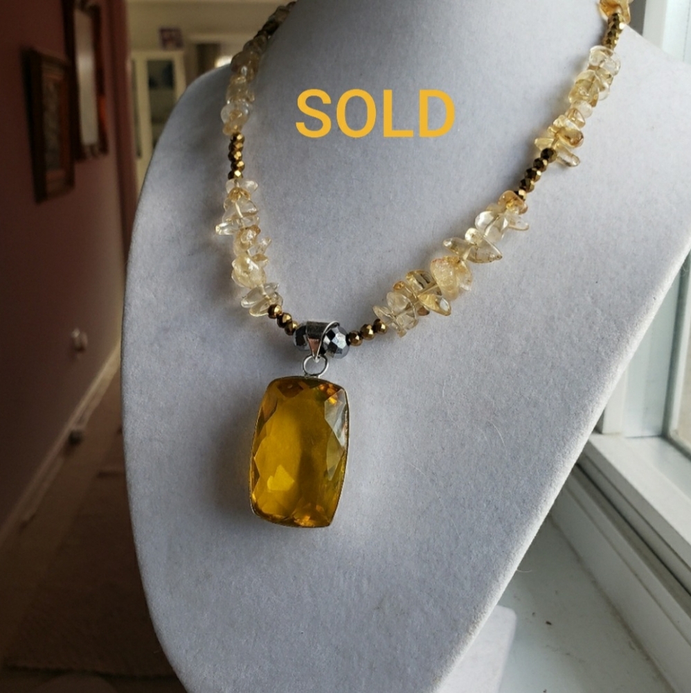 Citrine & sterling silver choker necklace surrounded by citrines & gold hematite